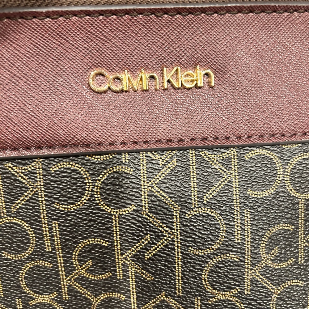 Calvin Klein Brown Monogram Dome Satchel with Burgundy Handles - Picture 3 of 7